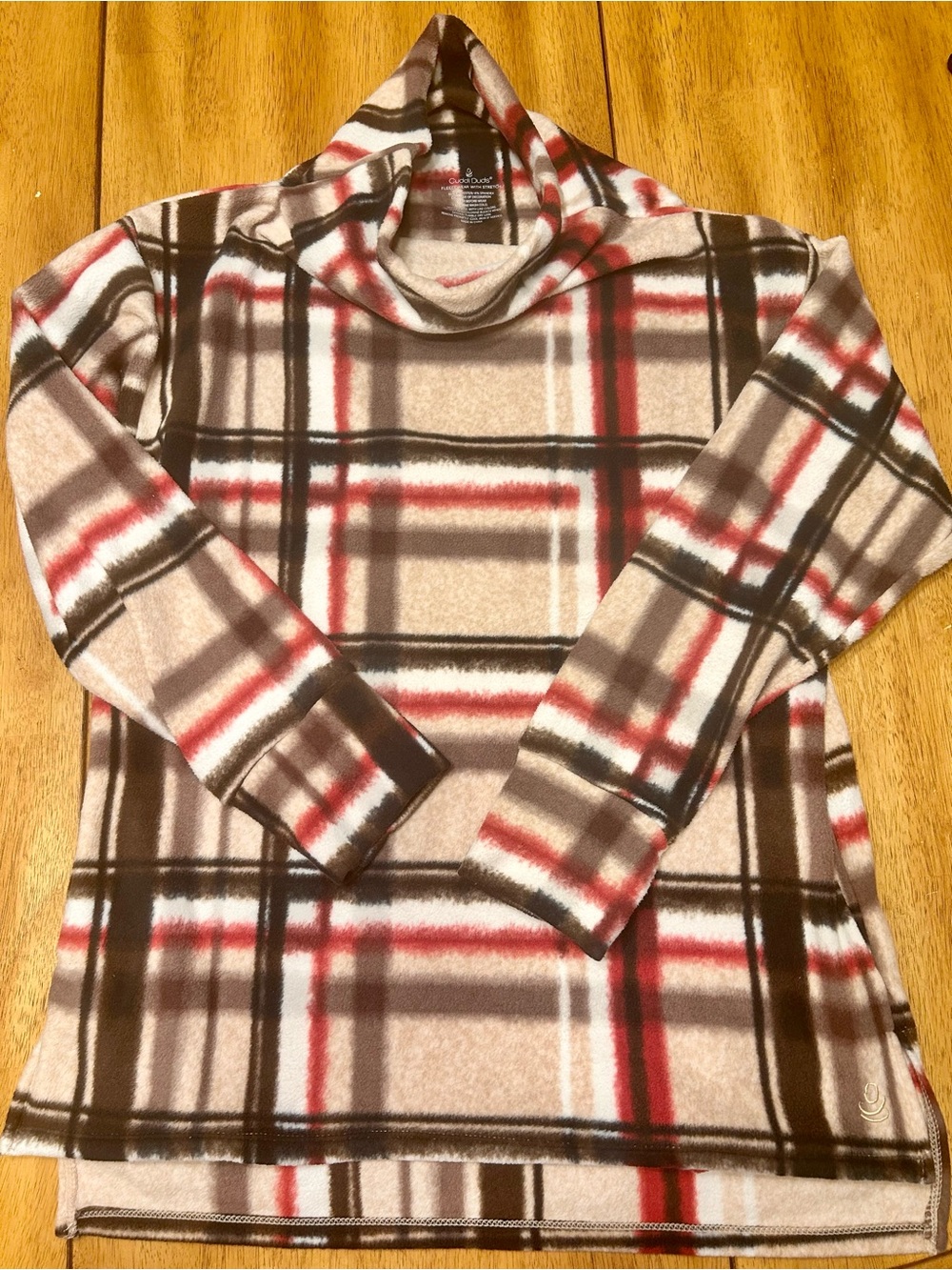 Cuddl Duds Plaid Funnel Neck Sweater - Beige, Brown & Red